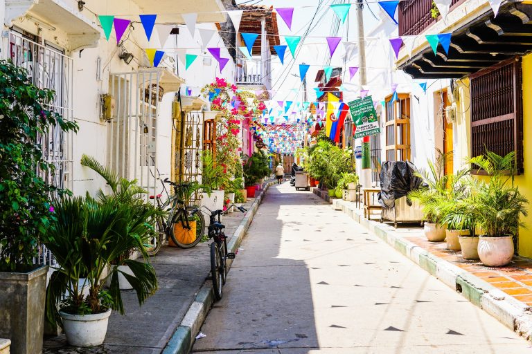 Bright white stone streets of Cartagena, Coloumbia.