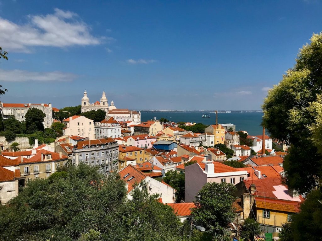 White and light coloured buildings with terracotta-coloured roofs fill a coastal town. A cathedral towers amongst the buildings and a large boat is at sail in the bay. It is a nearly cloudless day with lots of light reflecting off the trees and the buildings.